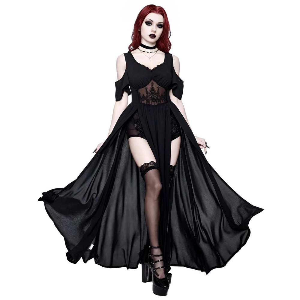 Goth Embroidered Whismigoth Vampire Fairy V-Neck Off Shoulder Slit Dress 2XL